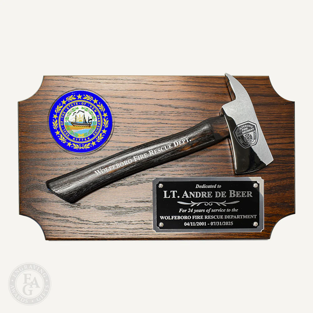 20" x 12" Walnut Firefighter Axe Award Plaque - Chrome - Image 10