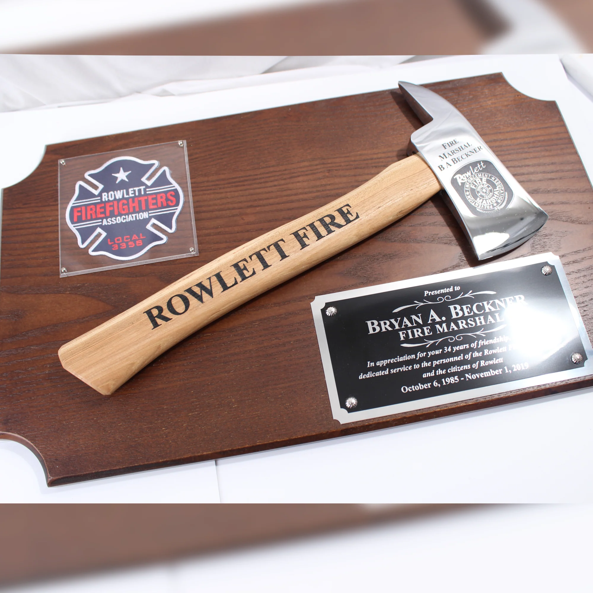 20" x 12" Walnut Firefighter Axe Award Plaque - Chrome - Image 18