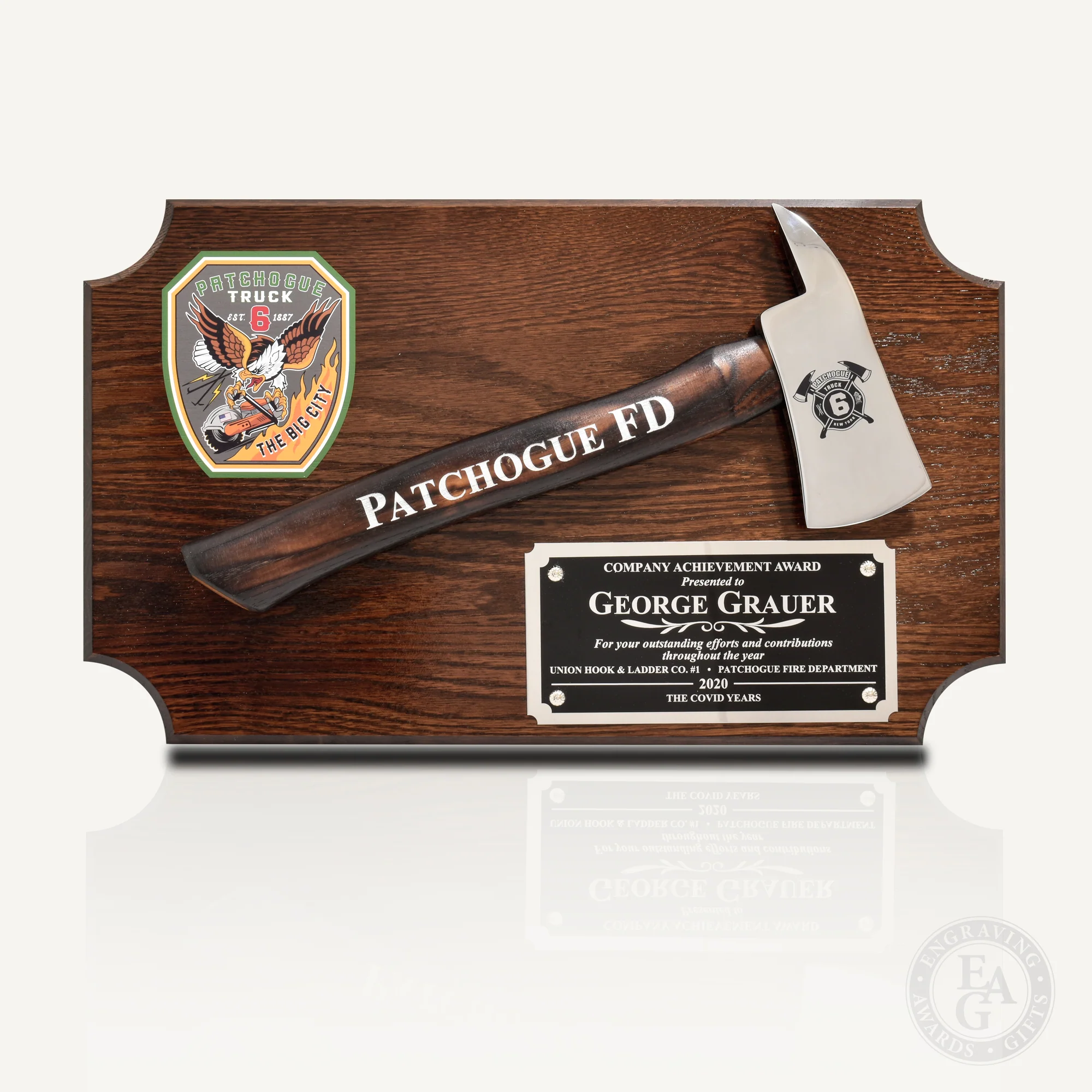 20" x 12" Walnut Firefighter Axe Award Plaque - Chrome - Image 22