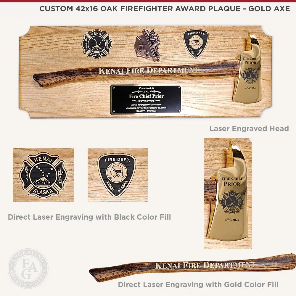 42x16 Oak Firefighter Award Plaque - Gold Axe - Image 7