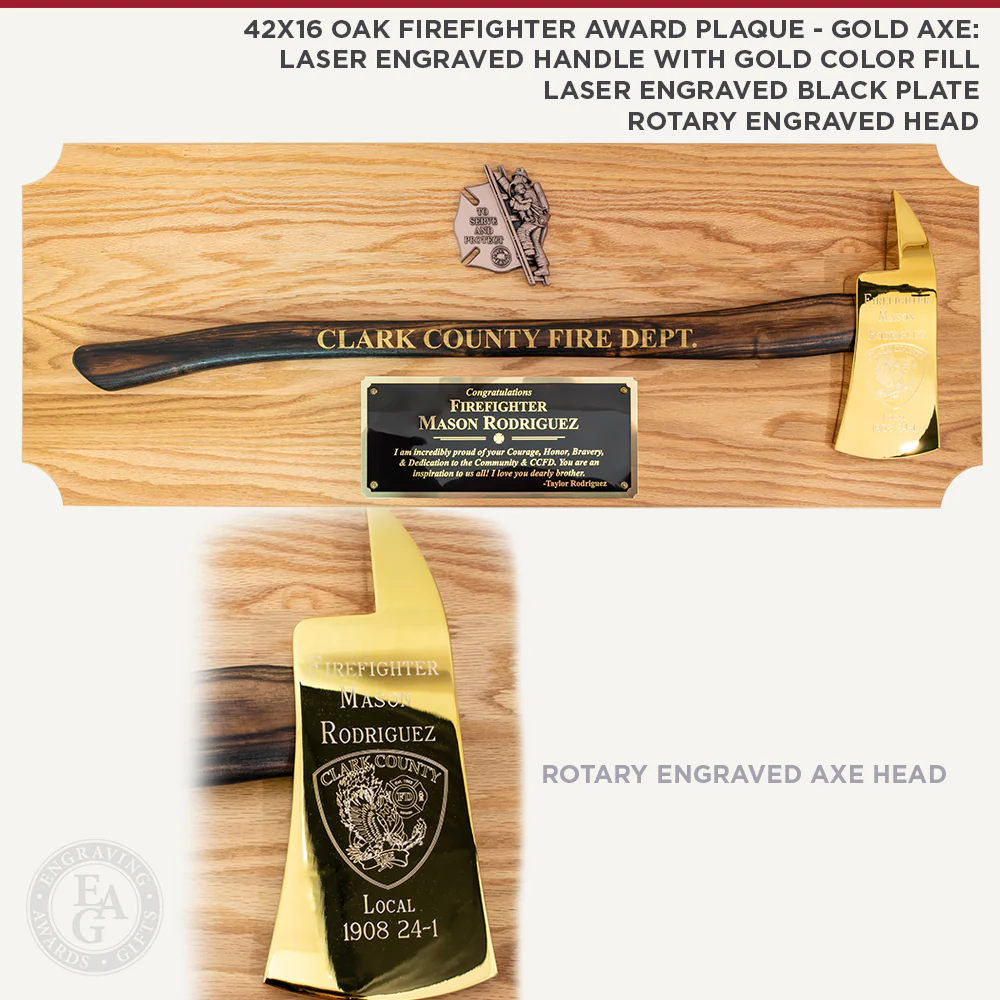 42x16 Oak Firefighter Award Plaque - Gold Axe - Image 8